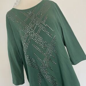 Bob Mackie Wearable Art T Shirt Pullover Top‎ Green Metallic Embellishment Large